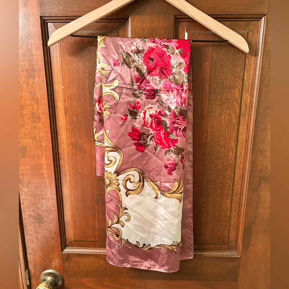 Floral Silk feel polyester Oversized Scarf with Red and Gold Accents